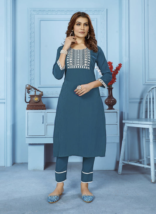 Teal Blue Cotton Kurti With Pent