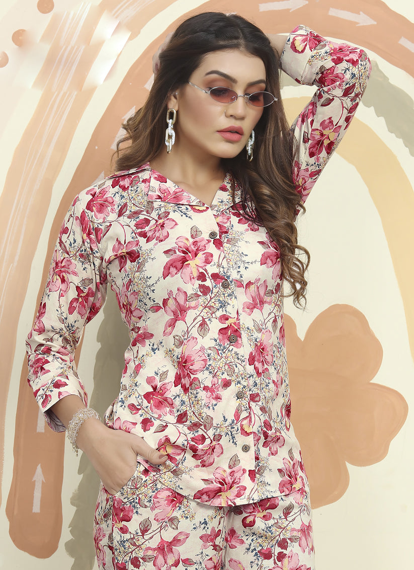 Cream Rayon Printed Co-Ord Set