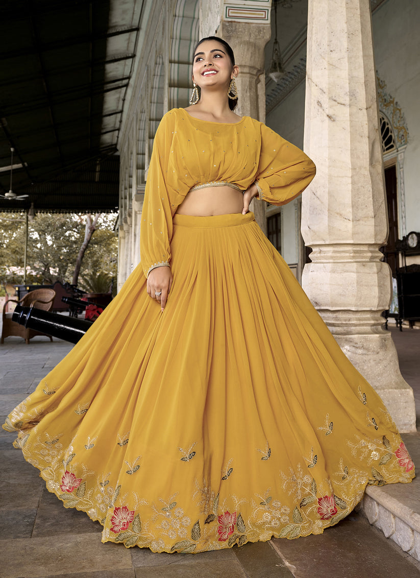 Mustard Georgette Embroidered IndoWestern Lehenga Set