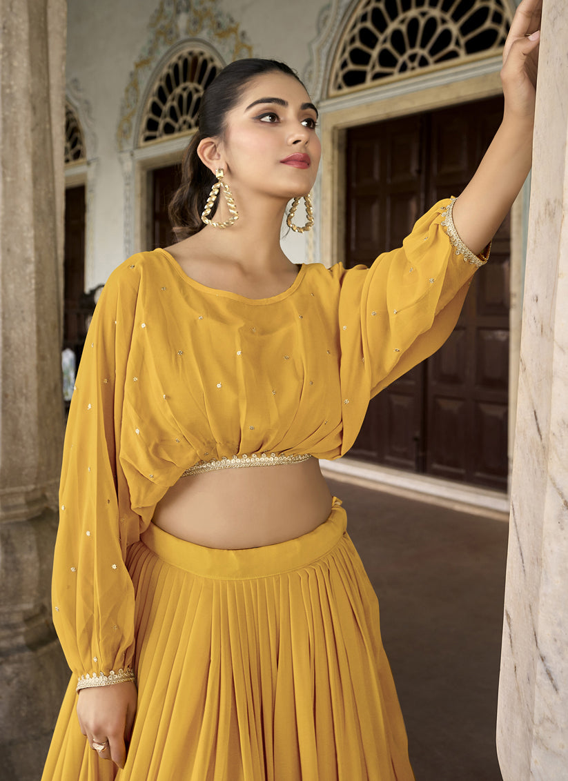 Mustard Georgette Embroidered IndoWestern Lehenga Set
