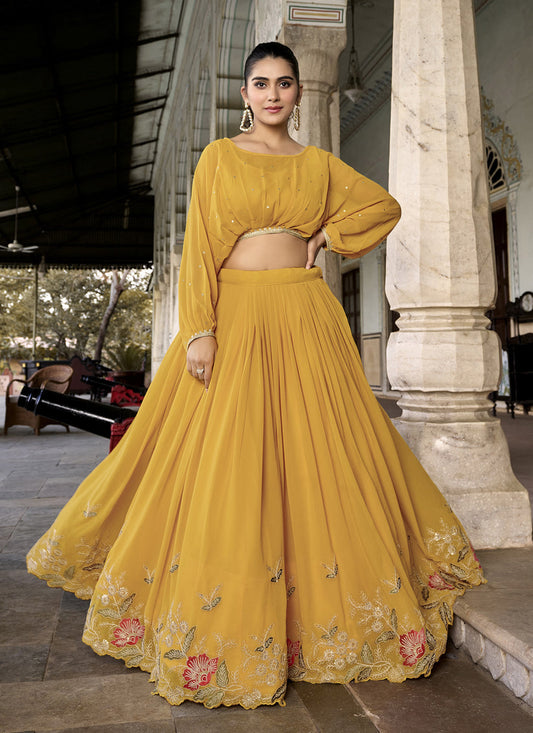 Mustard Georgette Embroidered IndoWestern Lehenga Set