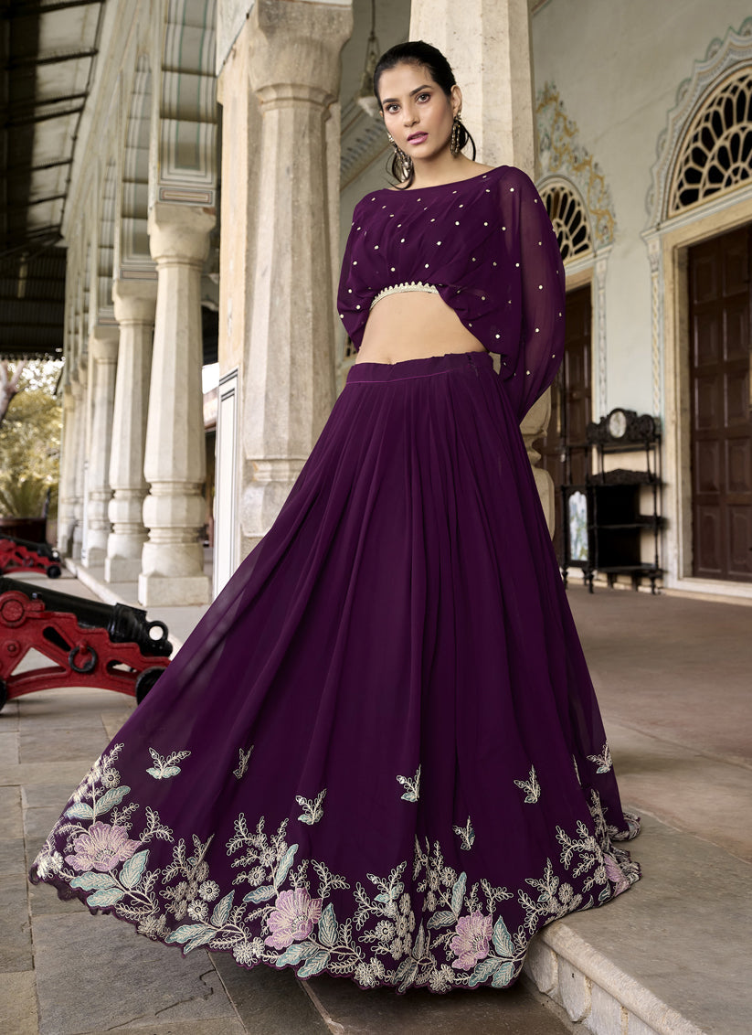 Wine Georgette Embroidered IndoWestern Lehenga Set