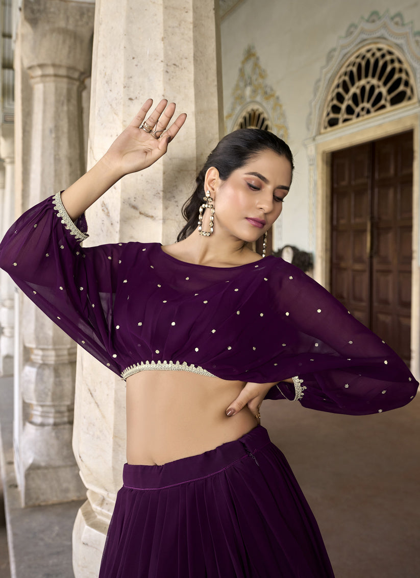 Wine Georgette Embroidered IndoWestern Lehenga Set