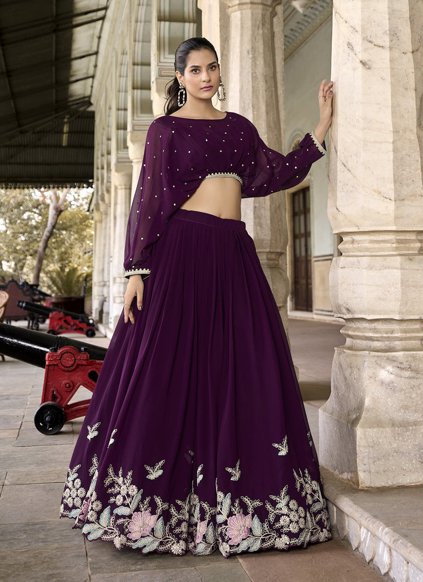 Wine Georgette Embroidered IndoWestern Lehenga Set