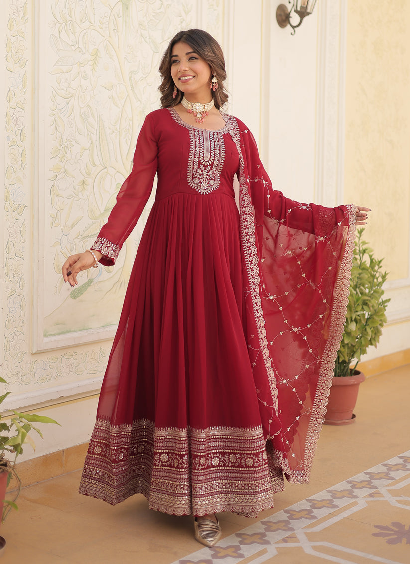 Maroon Faux Georgette Embroidered Gown with Dupatta