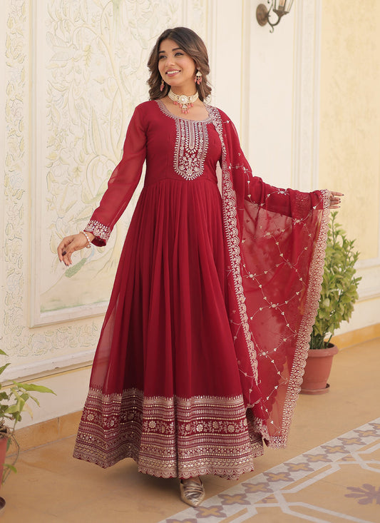 Maroon Faux Georgette Embroidered Gown with Dupatta