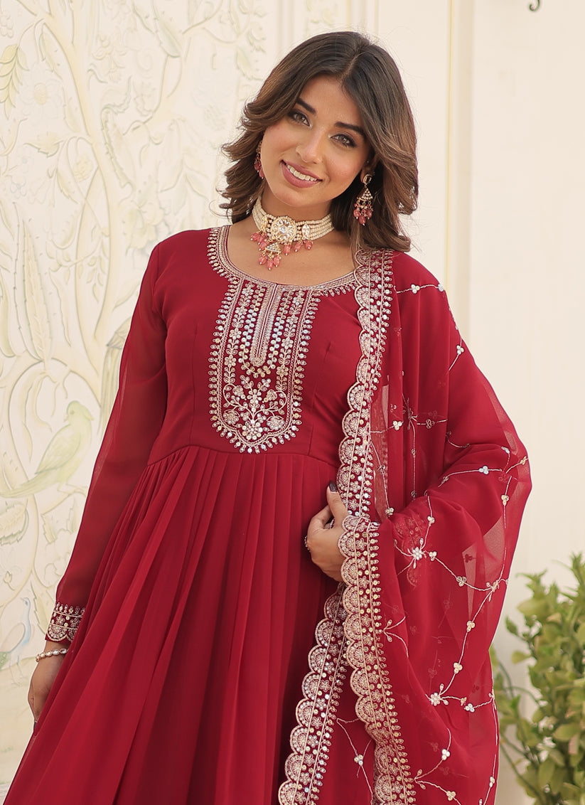 Maroon Faux Georgette Embroidered Gown with Dupatta