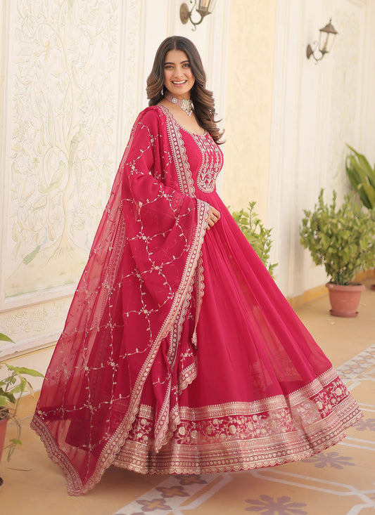 Rani Pink Faux Georgette Embroidered Gown with Dupatta