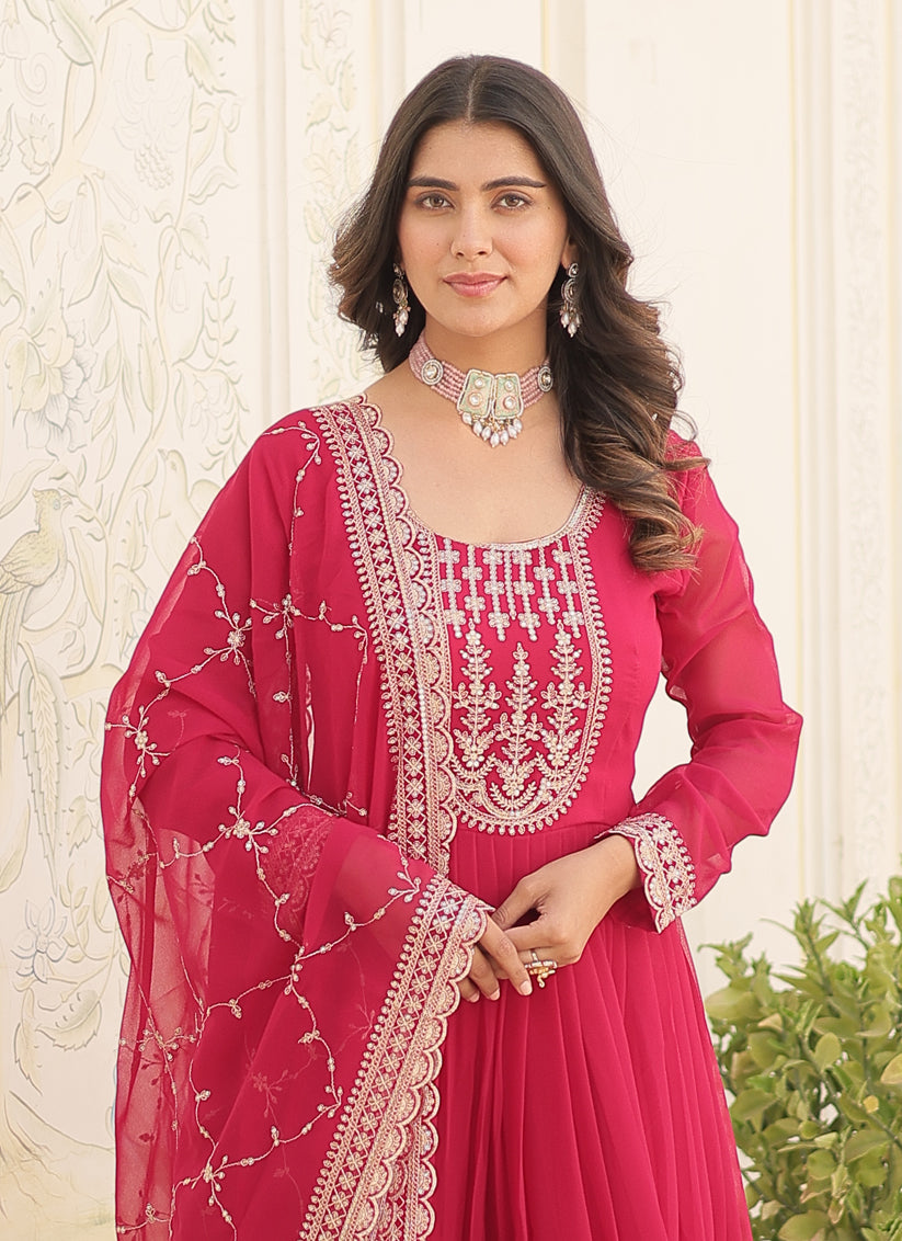 Rani Pink Faux Georgette Embroidered Gown with Dupatta