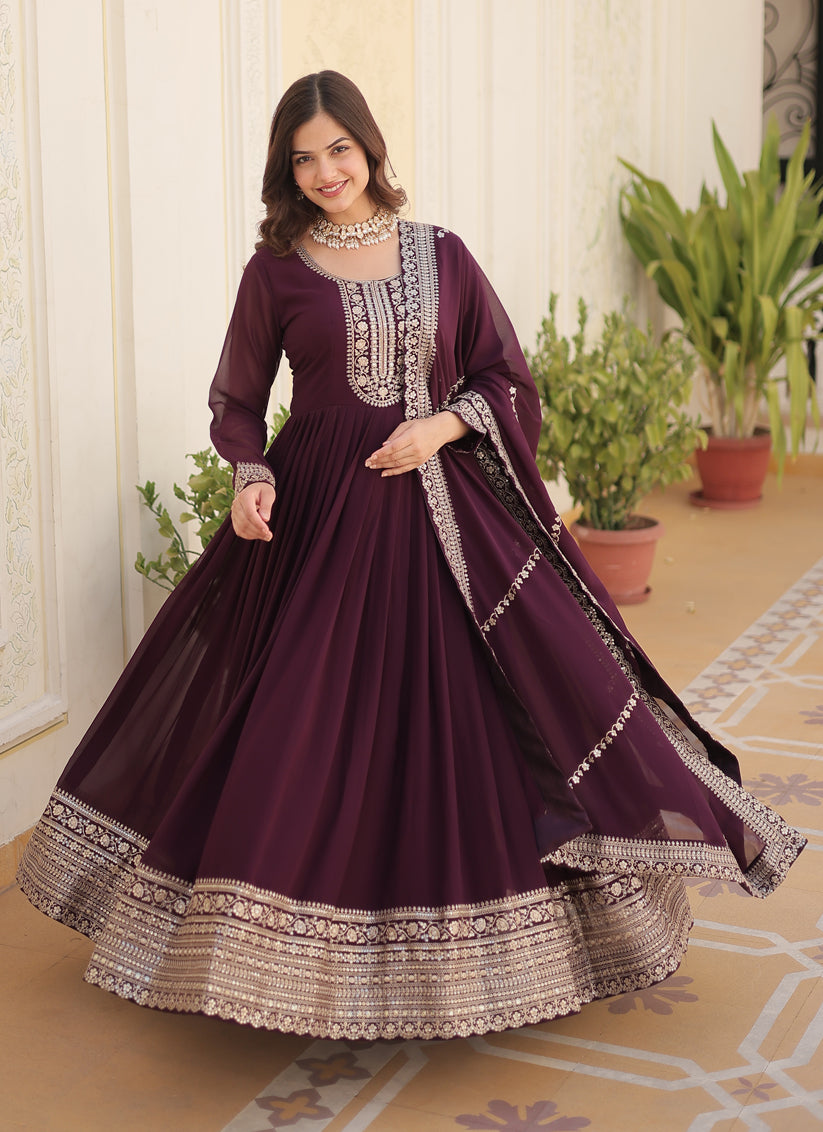 Burgundy Faux Georgette Embroidered Gown with Dupatta