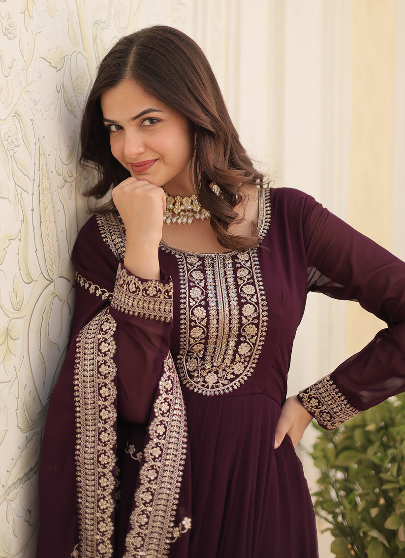 Burgundy Faux Georgette Embroidered Gown with Dupatta