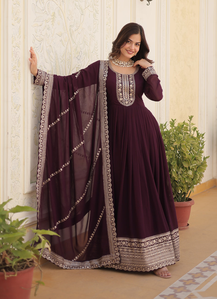 Burgundy Faux Georgette Embroidered Gown with Dupatta