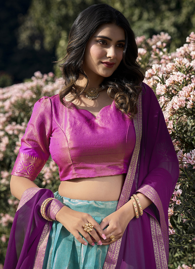 Sky Blue Zari Woven Kanchipuram Silk Lehenga Choli