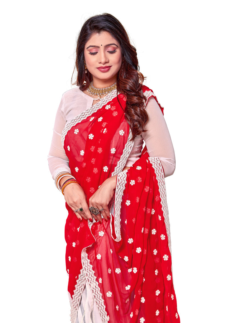 White and Red Georgette Embroidered Saree