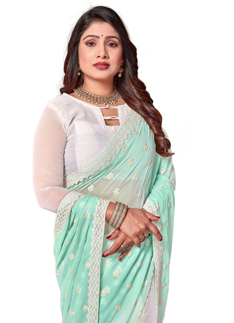 White and Sky Blue Georgette Embroidered Saree