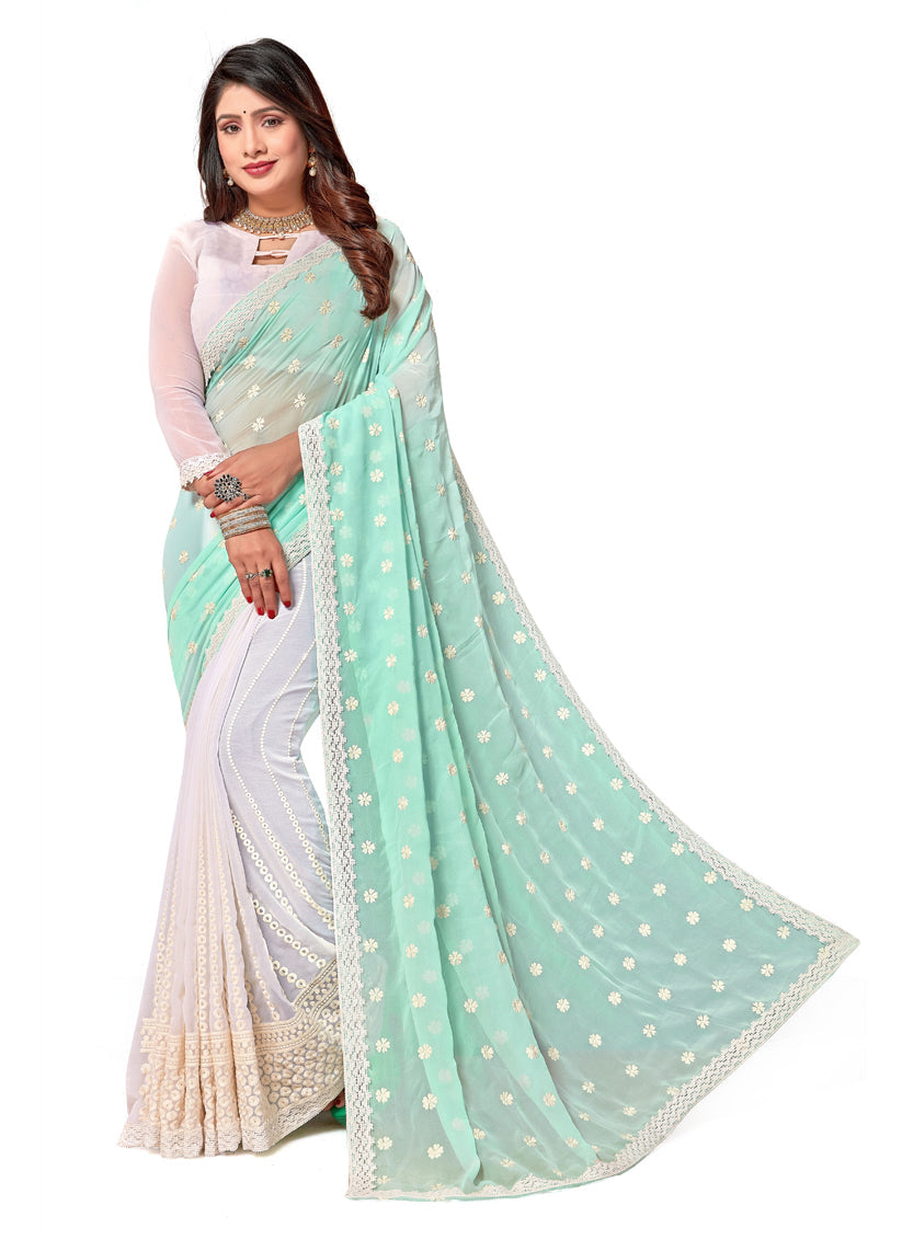 White and Sky Blue Georgette Embroidered Saree