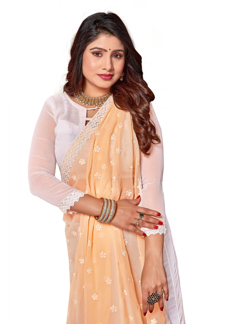 White and Yellow Georgette Embroidered Saree