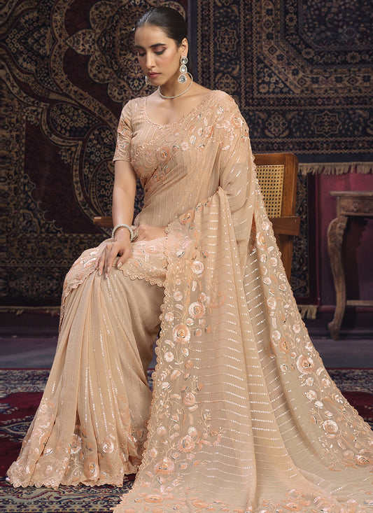 Peach Georgette Sequins Work Wedding Saree