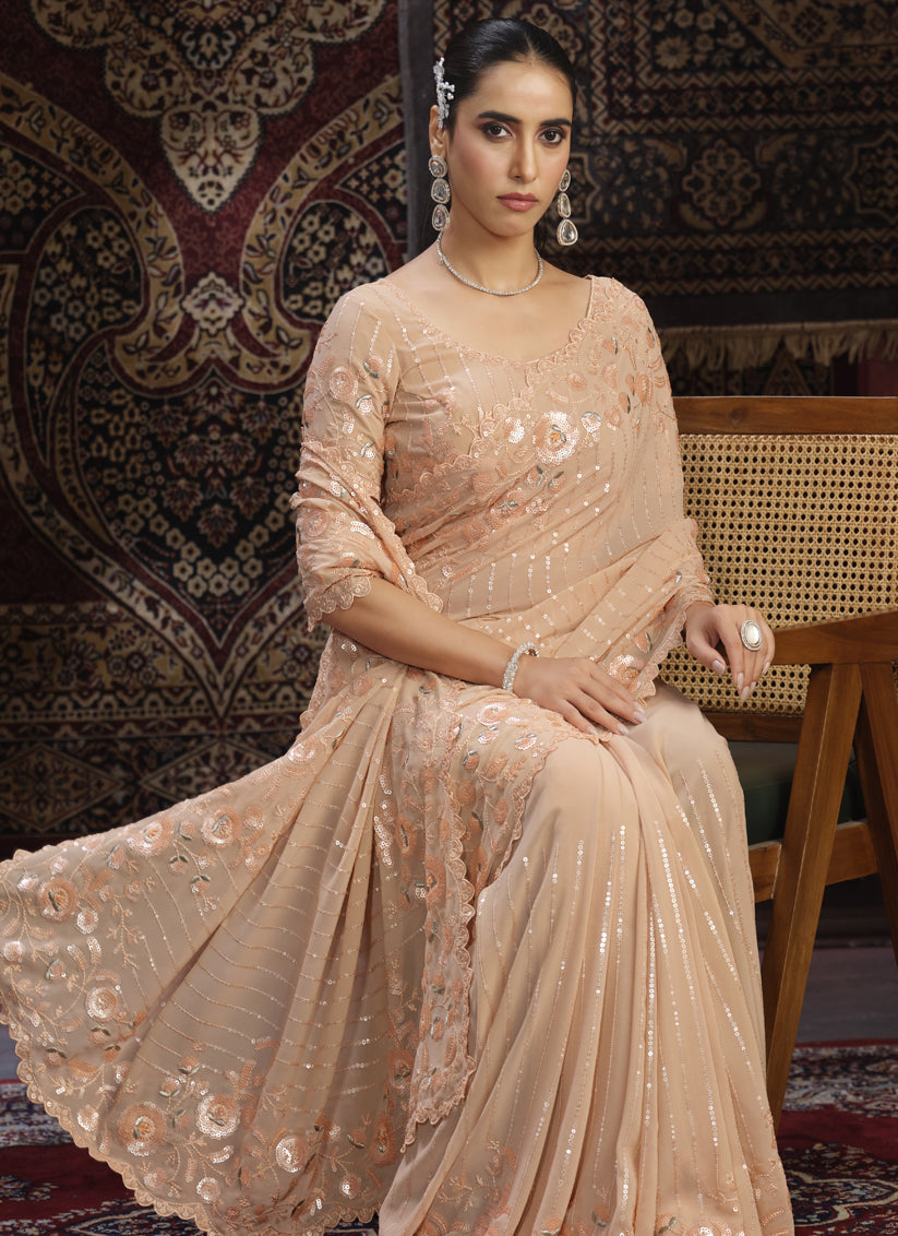 Peach Georgette Sequins Work Wedding Saree