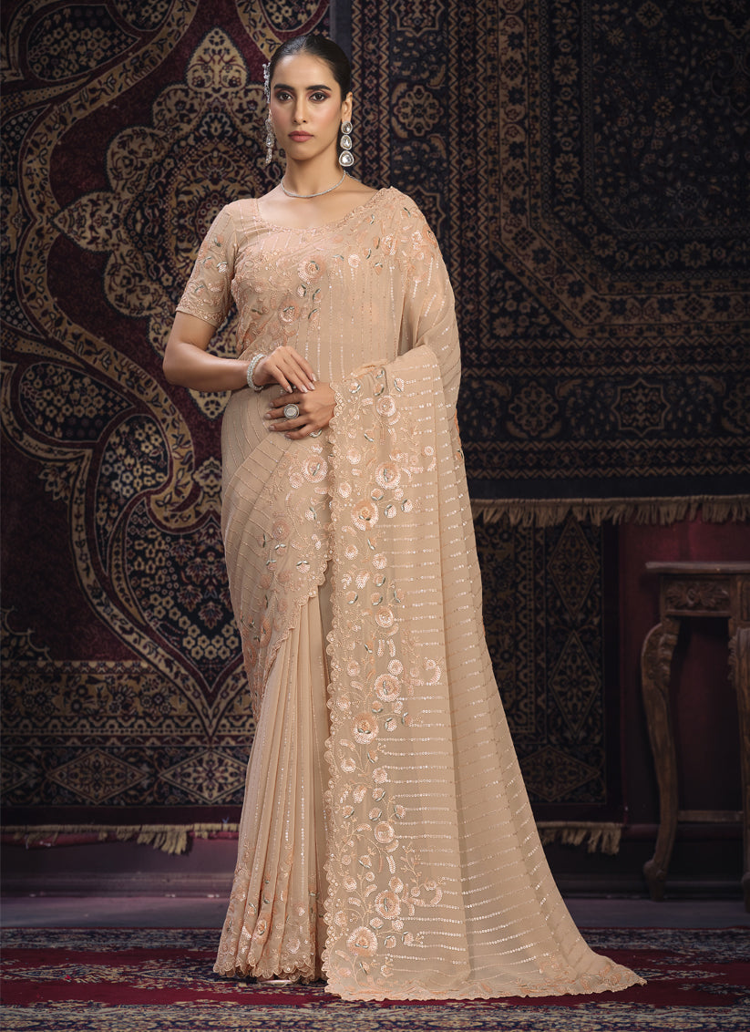 Peach Georgette Sequins Work Wedding Saree