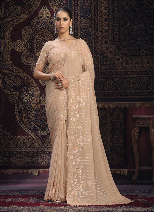 Peach Georgette Sequins Work Wedding Saree