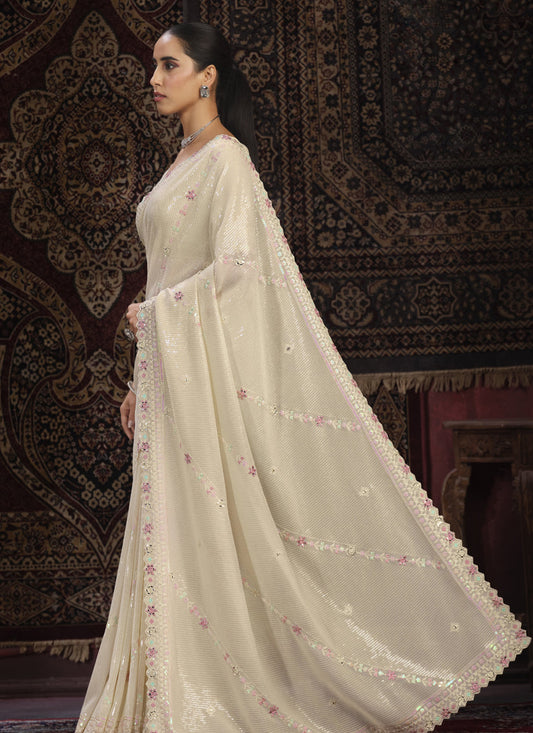 Cream Georgette Sequins Work Wedding Saree