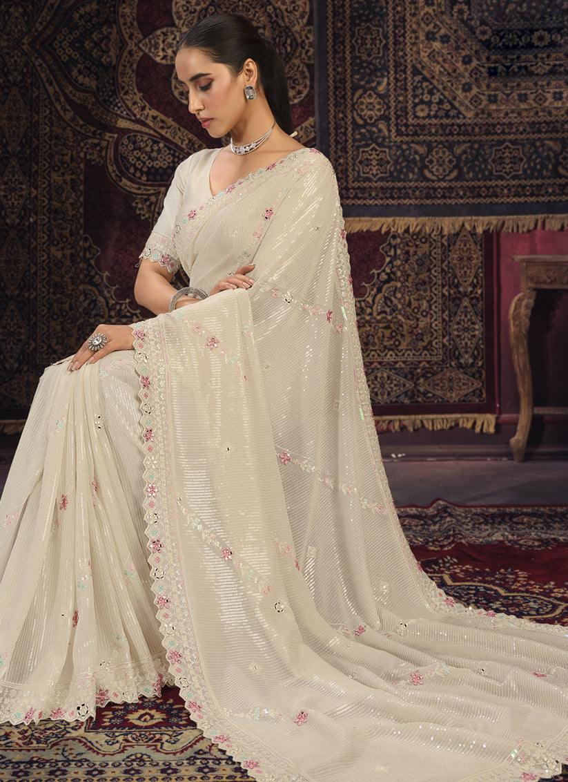 Cream Georgette Sequins Work Wedding Saree