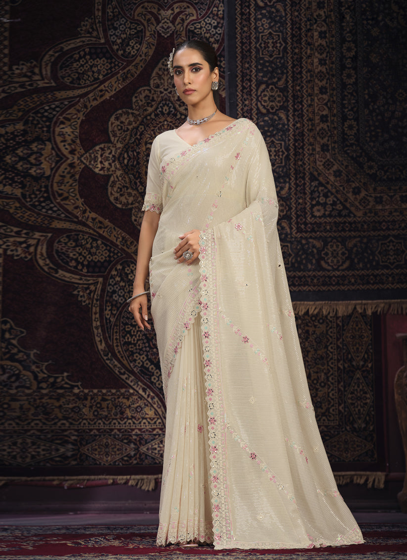 Cream Georgette Sequins Work Wedding Saree