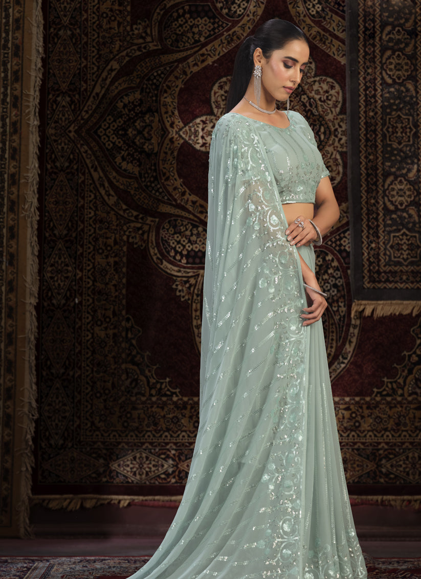 Sea Green Georgette Sequins Work Wedding Saree