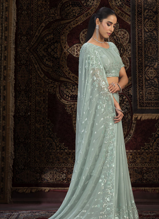 Sea Green Georgette Sequins Work Wedding Saree