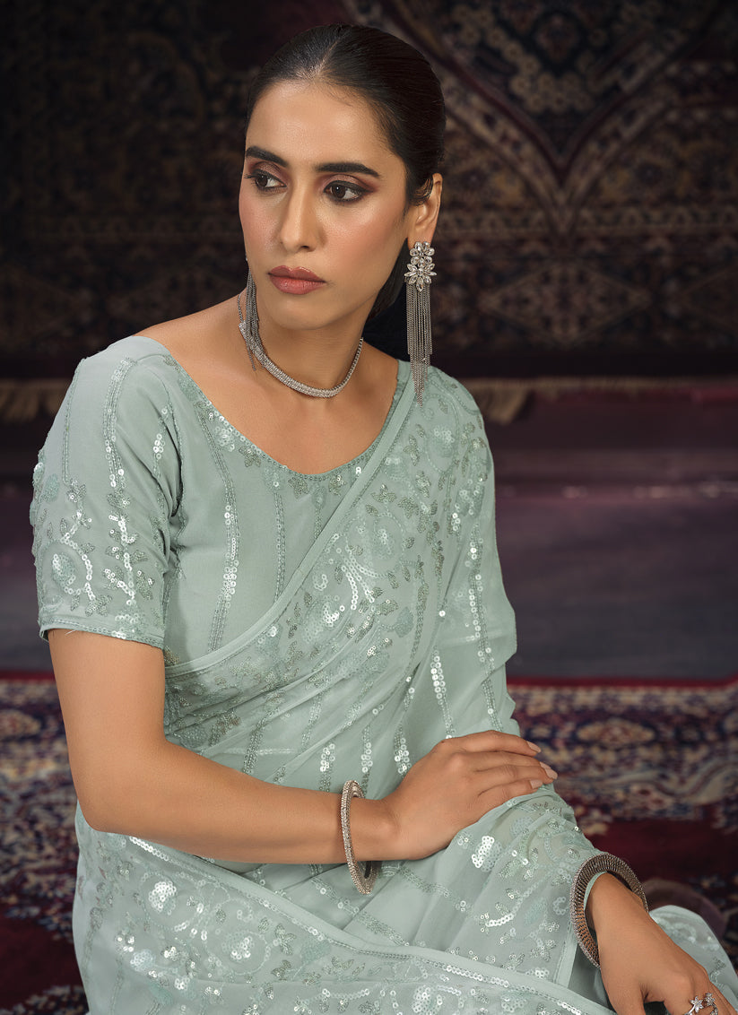Sea Green Georgette Sequins Work Wedding Saree