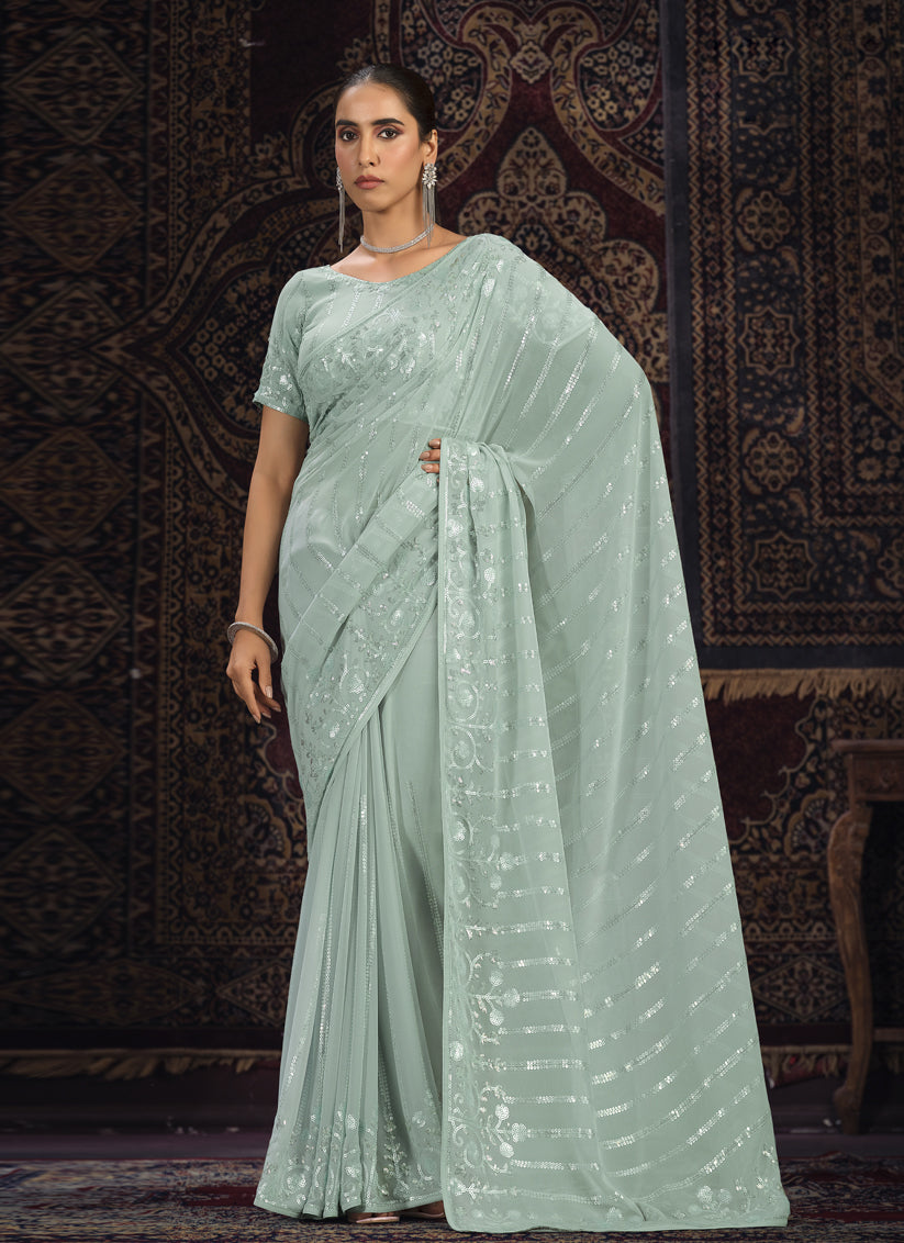 Sea Green Georgette Sequins Work Wedding Saree
