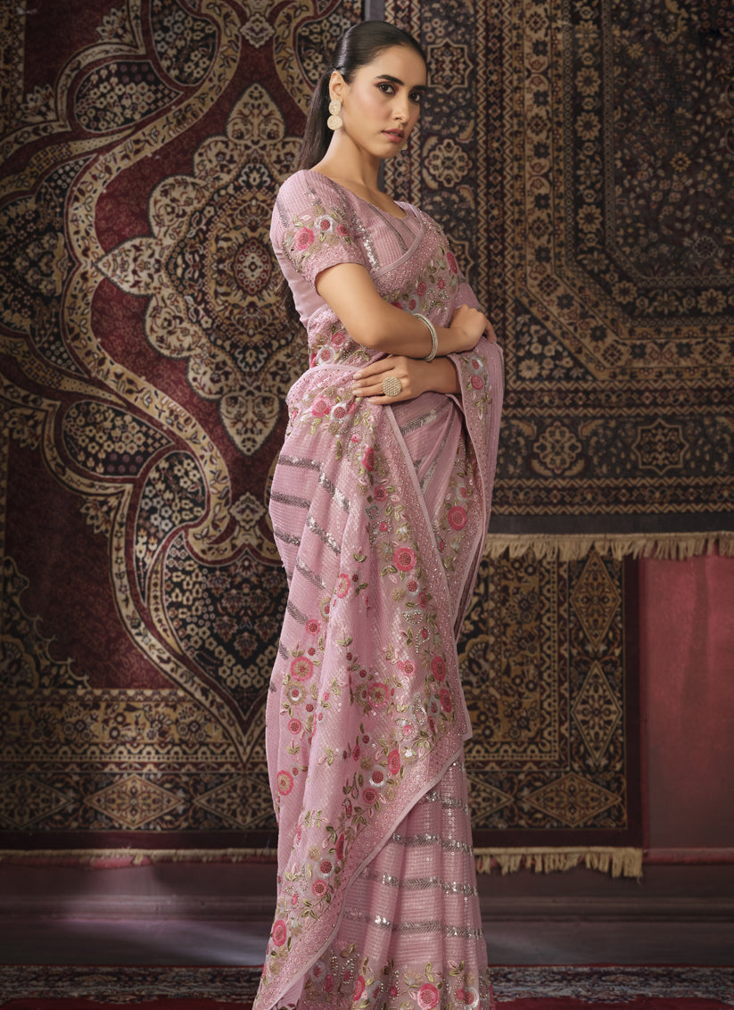 Pink Georgette Sequins Work Wedding Saree