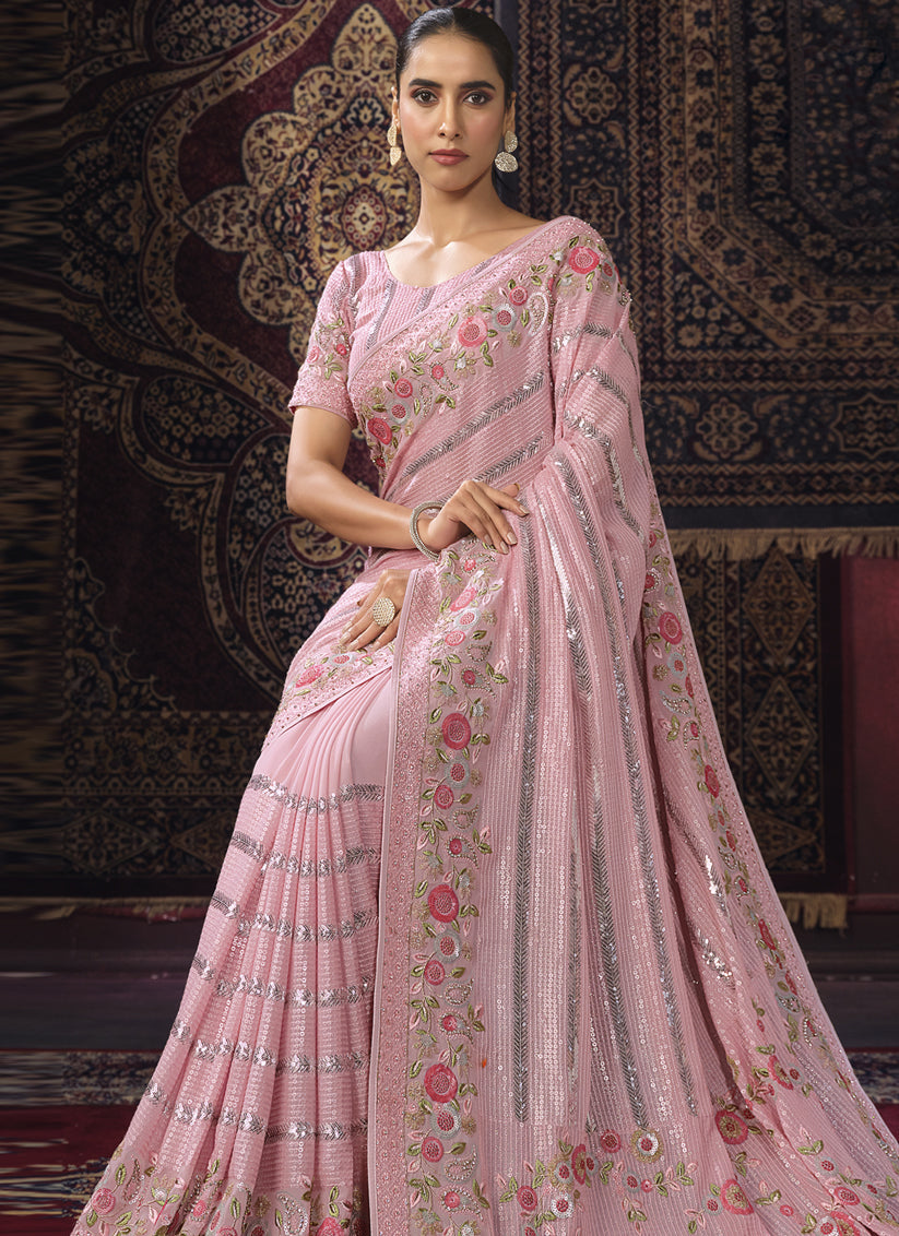 Pink Georgette Sequins Work Wedding Saree