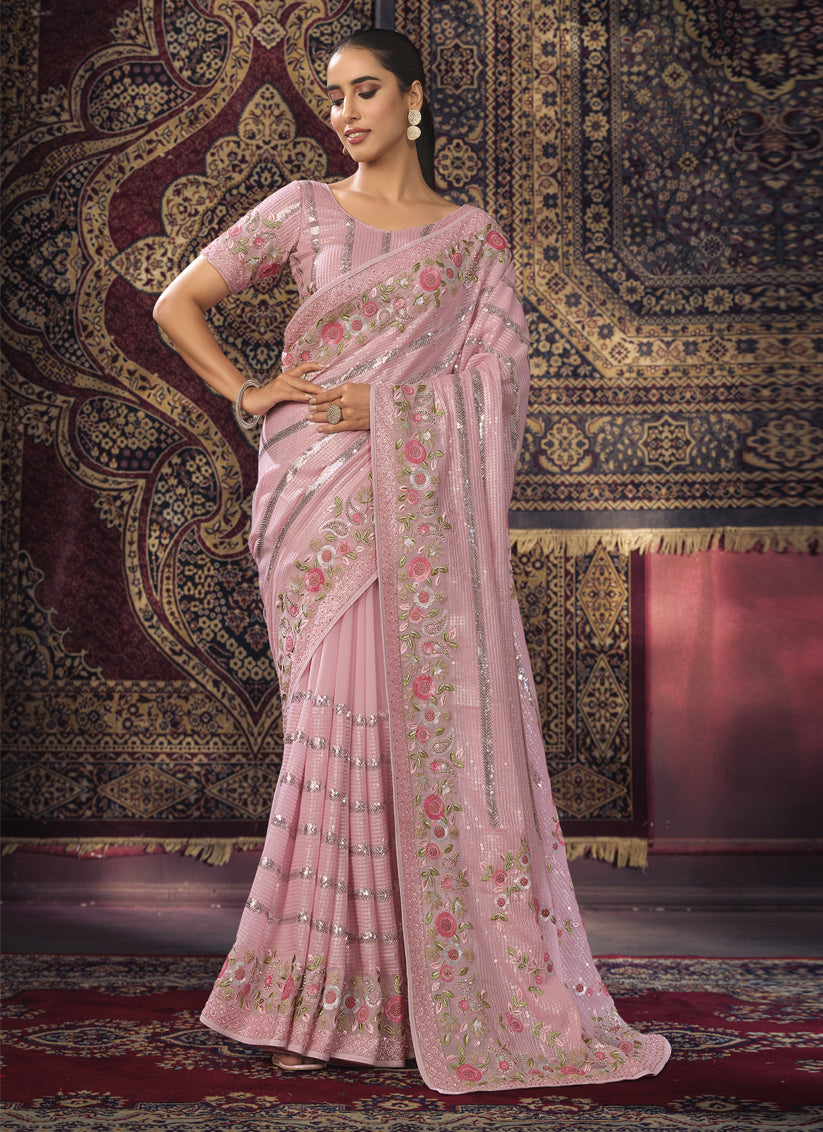 Pink Georgette Sequins Work Wedding Saree
