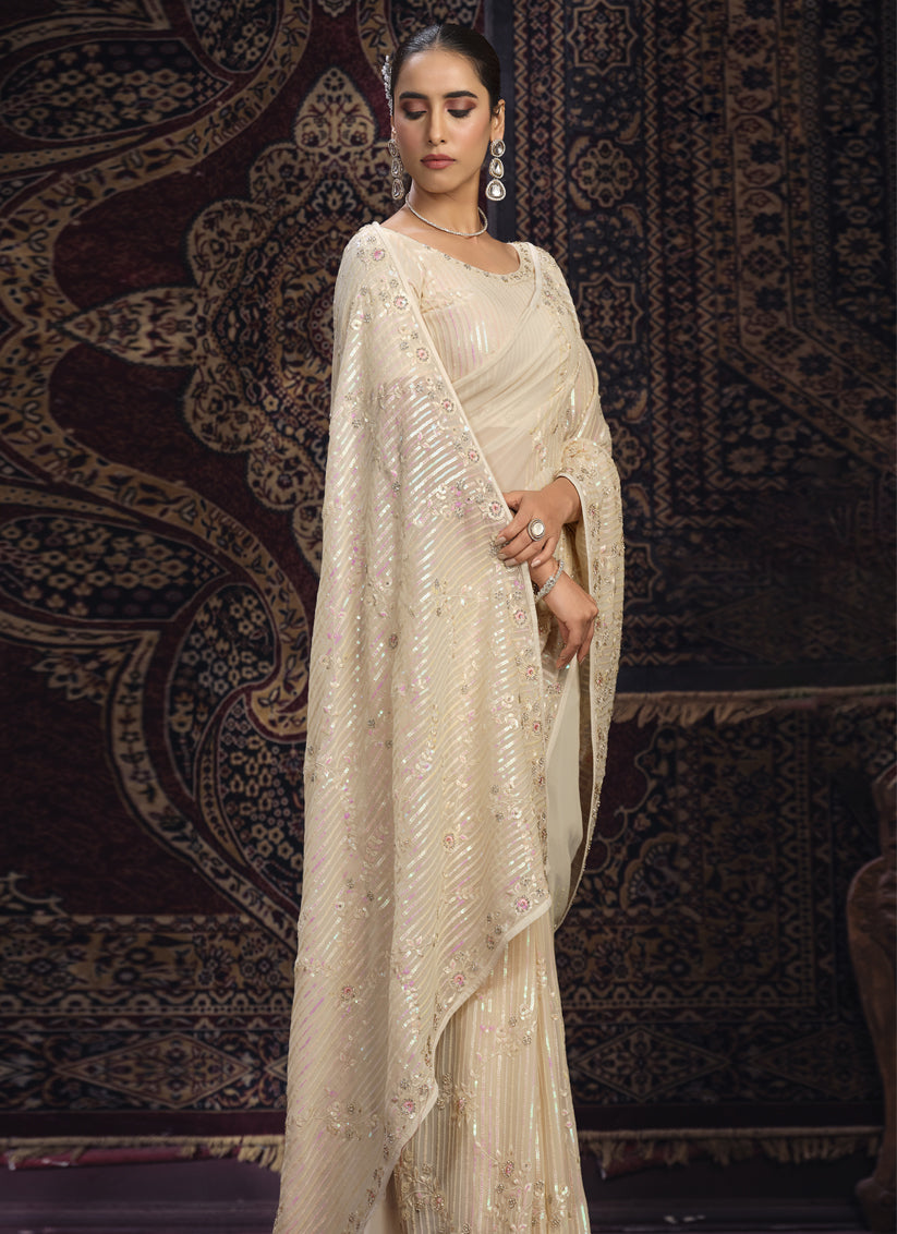 Cream Georgette Sequins Work Wedding Saree