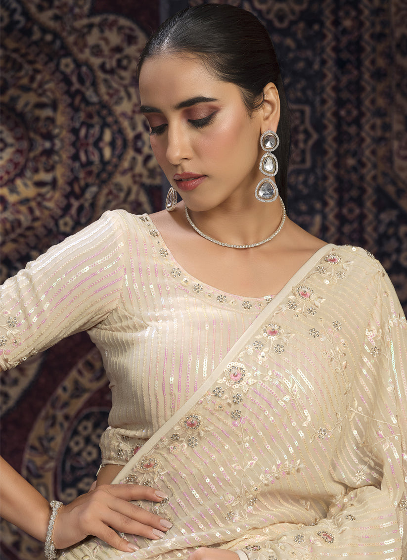 Cream Georgette Sequins Work Wedding Saree