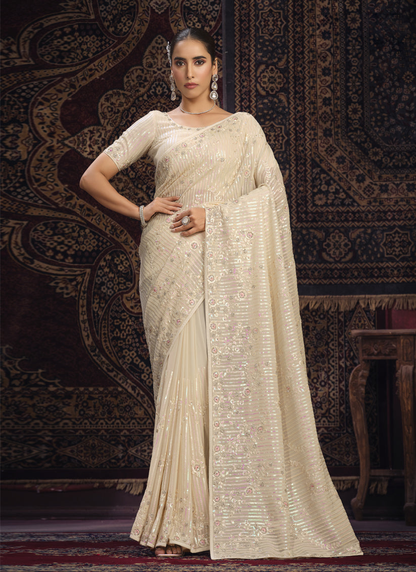 Cream Georgette Sequins Work Wedding Saree