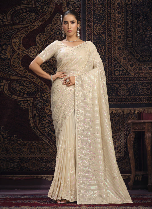Cream Georgette Sequins Work Wedding Saree