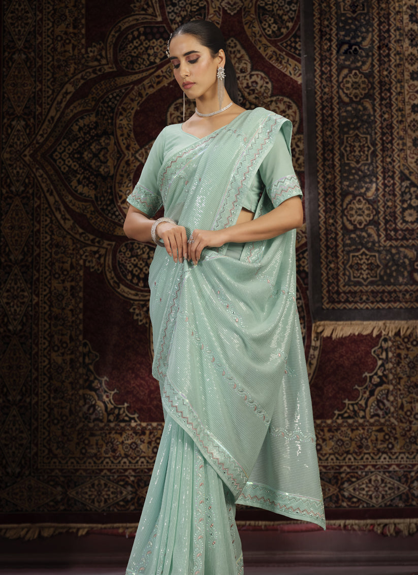 Sea Green Georgette Sequins Work Wedding Saree