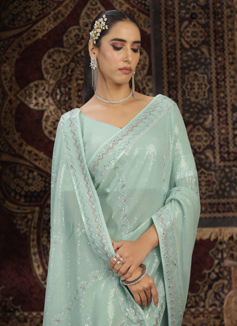 Sea Green Georgette Sequins Work Wedding Saree