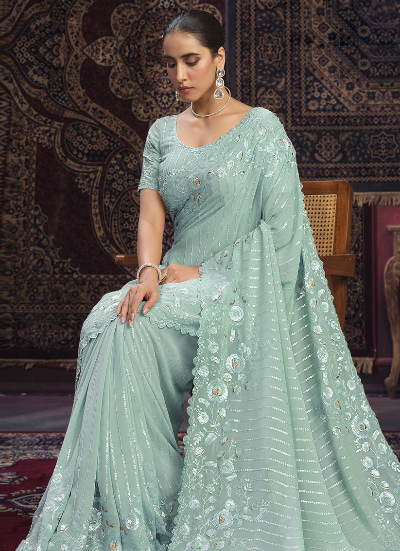 Sea Green Georgette Sequins Work Wedding Saree