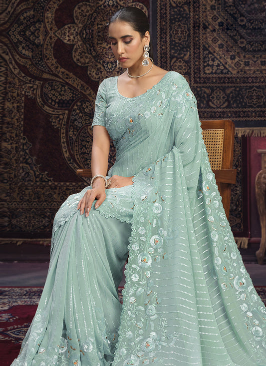 Sea Green Georgette Sequins Work Wedding Saree