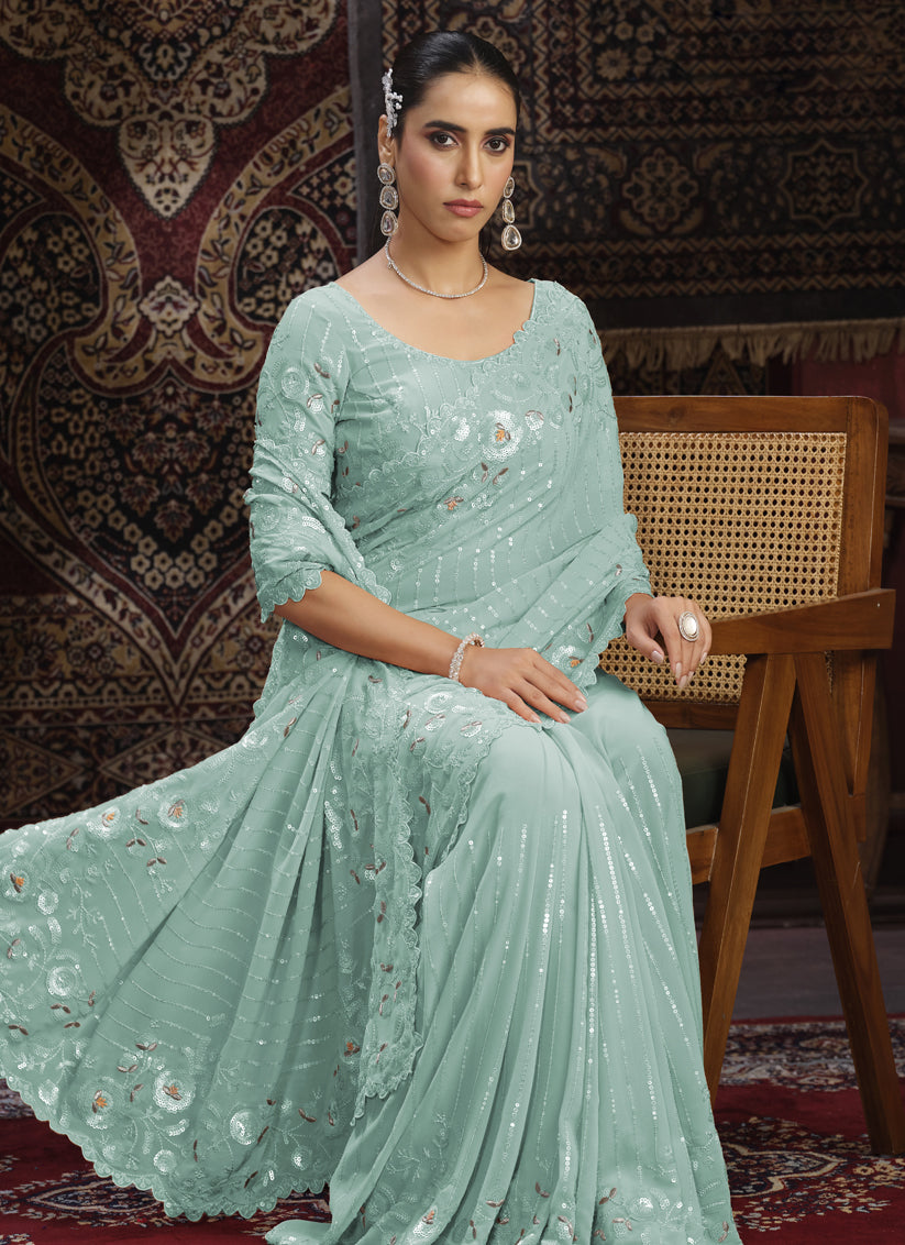Sea Green Georgette Sequins Work Wedding Saree