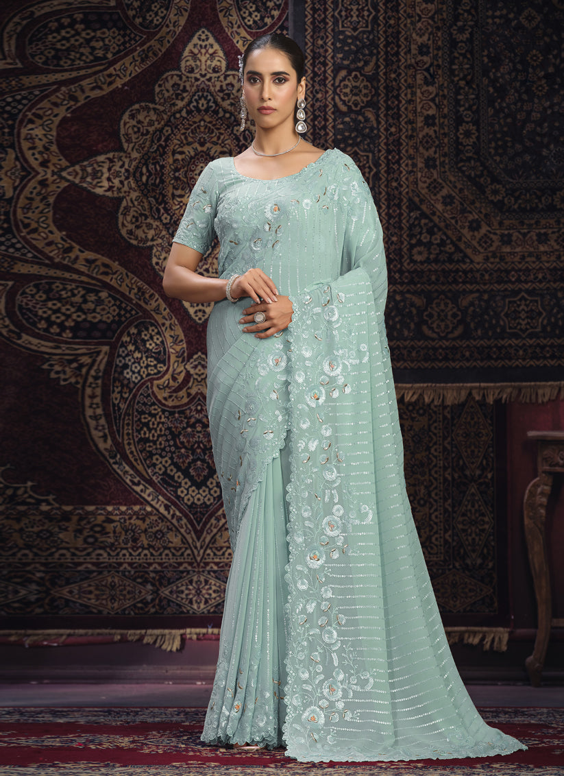 Sea Green Georgette Sequins Work Wedding Saree
