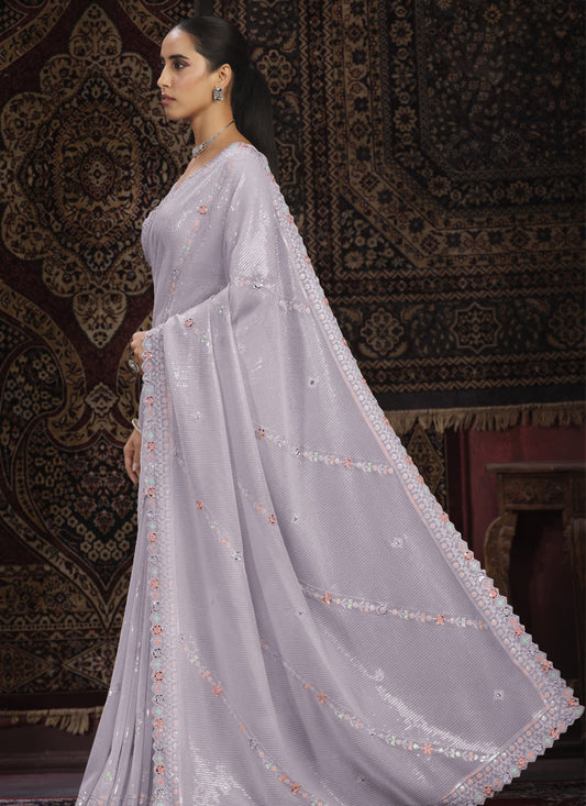 Lavender Georgette Sequins Work Wedding Saree