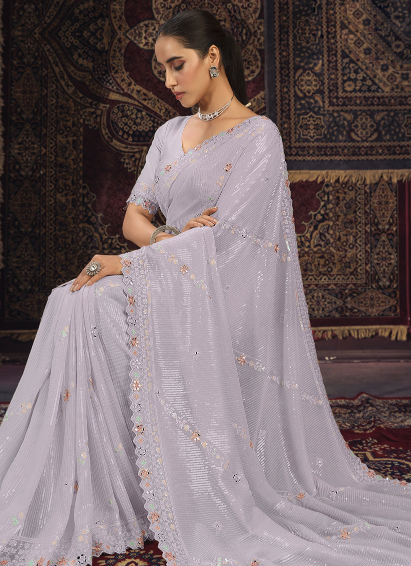 Lavender Georgette Sequins Work Wedding Saree