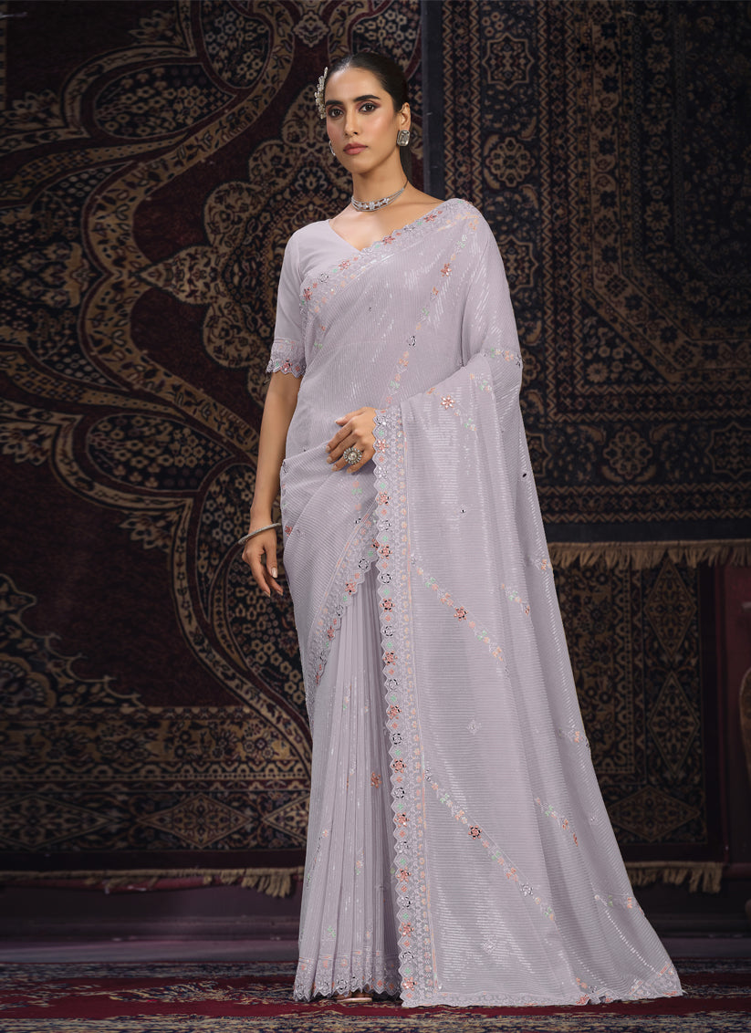 Lavender Georgette Sequins Work Wedding Saree