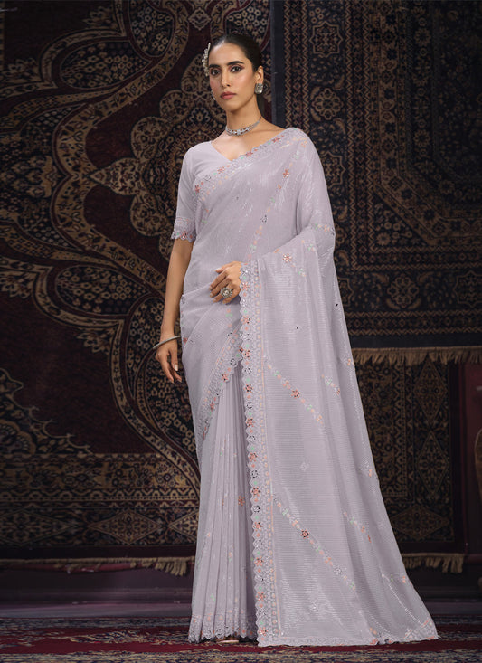 Lavender Georgette Sequins Work Wedding Saree