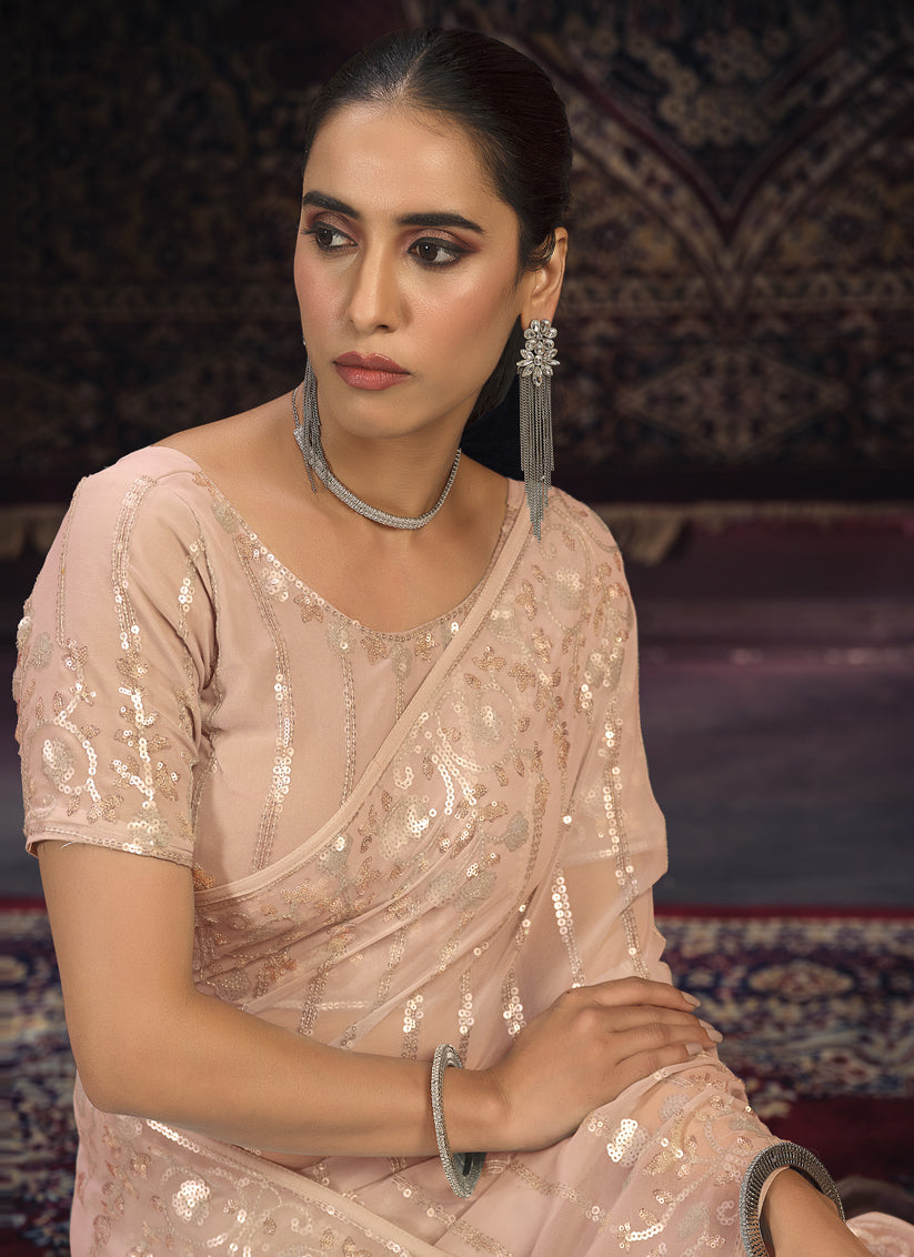 Peach Georgette Sequins Work Wedding Saree